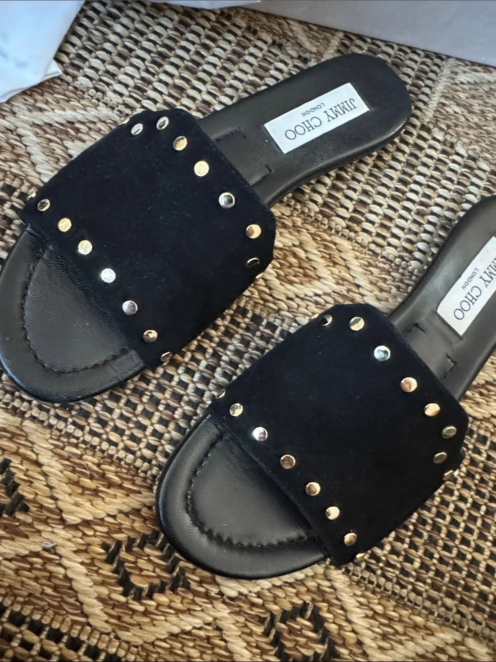 JIMMY CHOO Nanda Studded Slide Suede Flat Sandal Black Gold Size 38 (8)
